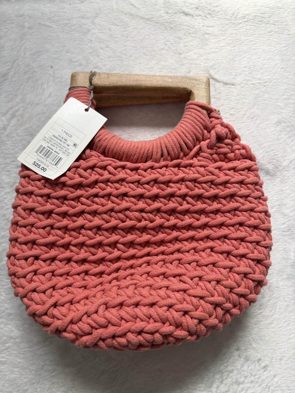 a new day Coral Knitted Round Clutch with Wooden Handle